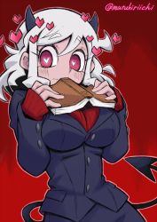 Rule 34 | 1girl, black horns, black jacket, black skirt, blush, book, closed mouth, commentary, demon girl, demon horns, demon tail, formal, frown, heart, heart-shaped pupils, helltaker, highres, holding, holding book, horns, jacket, long sleeves, looking at viewer, medium hair, modeus (helltaker), mutsuki riichi, pant suit, pants, red background, red eyes, red sweater, skirt, solo, suit, sweater, symbol-shaped pupils, tail, twitter username, upper body, wavy mouth, white hair