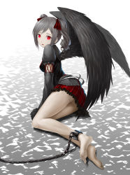 Rule 34 | 10s, 1girl, bad id, bad pixiv id, barefoot, black wings, chain, drill hair, feathered wings, gradient background, highres, idolmaster, idolmaster cinderella girls, kanzaki ranko, long hair, long legs, md5 mismatch, open mouth, red eyes, silver hair, solo, solru, twin drills, twintails, wings