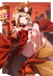 Rule 34 | 1girl, ahoge, bare shoulders, barefoot, blonde hair, braid, breasts, chalice, crown, cup, dragon tail, dress, elbow gloves, facial mark, fate/grand order, fate (series), feet, foot focus, foot out of frame, french braid, gloves, hair bun, hair intakes, hair ribbon, highres, legs, long hair, looking at viewer, nail polish, nero claudius (fate), nero claudius (fate) (all), pointy ears, queen draco (fate), queen draco (first ascension) (fate), red dress, red eyes, red ribbon, ribbon, scales, single glove, small breasts, soles, solo, spread toes, suryua, tail, toenail polish, toenails, toes, white gloves