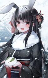 Rule 34 | 1girl, absurdres, black hair, black kimono, chinese zodiac, flower, fur-trimmed kimono, fur trim, hair flower, hair ornament, hair ribbon, hair stick, hands up, highres, holding, japanese clothes, kimono, long hair, long sleeves, looking at viewer, moka 01, new year, obi, open mouth, original, rabbit, red ribbon, ribbon, sash, smile, snow rabbit, solo, upper body, wide sleeves, year of the rabbit