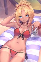 Rule 34 | &gt;:(, 1girl, 3:, arm up, armpits, bare shoulders, beach towel, beer can, bikini, bikini tan, black ribbon, blonde hair, blue eyes, blush, bracelet, breasts, can, closed mouth, collarbone, day, drink can, fate/grand order, fate (series), front-tie bikini top, front-tie top, gluteal fold, highres, holding, holding can, jewelry, kazukoto, large breasts, long hair, looking at viewer, lying, mordred (fate), mordred (fate) (all), mordred (swimsuit rider) (fate), navel, on back, outdoors, parted bangs, ponytail, red bikini, ribbon, side-tie bikini bottom, solo, stomach, swimsuit, tan, tanline, thigh gap, towel, v-shaped eyebrows