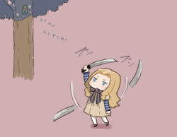 Rule 34 | 1girl, blonde hair, blue bow, blue bowtie, blue eyes, bow, bowtie, brown dress, bug, chibi, cicada, commentary request, dress, forehead, insect, layered sleeves, long hair, long sleeves, m3gan, m3gan (character), pink background, saiguchi otoufu, short over long sleeves, short sleeves, standing, striped sleeves, sword, tree, weapon