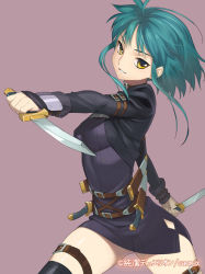 Rule 34 | 1girl, combat knife, copyright name, dual wielding, green hair, grin, holding, junketsu duelion, knife, looking at viewer, nanachi sara, official art, reverse grip, sheath, short hair, sidelocks, simple background, smile, solo, thigh strap, weapon, yangsion, yellow eyes