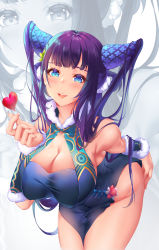 Rule 34 | 1girl, :d, absurdres, blue dress, blue eyes, breasts, cleavage, commentary, cowboy shot, cuffs, detached collar, dress, fate/grand order, fate (series), finger heart, fingernails, fur-trimmed collar, fur trim, heart, highres, huge breasts, long hair, looking at viewer, open mouth, pelvic curtain, pinchuu, purple hair, smile, solo, thighs, very long hair, yang guifei (fate), yang guifei (second ascension) (fate), zoom layer