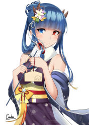 Rule 34 | &gt; &lt;, 1girl, :d, absurdres, armpit crease, arrow (projectile), azur lane, bare shoulders, beads, blue eyes, blue hair, blue sleeves, blunt bangs, breasts, carolrin, closed mouth, commentary, english commentary, floral print, flower, hair flower, hair ornament, hair rings, head tilt, heterochromia, highres, holding, holding arrow, horns, ibuki (azur lane), ibuki (winter sylph&#039;s reverie) (azur lane), japanese clothes, kimono, long hair, looking at viewer, medium breasts, obi, off shoulder, open mouth, purple kimono, red eyes, san diego (azur lane), sash, sidelocks, signature, simple background, sleeveless, sleeveless kimono, smile, solo, standing, tassel, upper body, white background, white flower, wide sleeves, xd