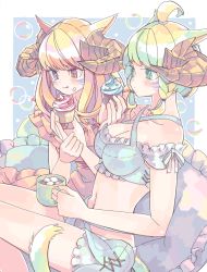 Rule 34 | 2girls, :3, :p, ahoge, animal ears, bare shoulders, blonde hair, border, braid, breasts, cat ears, cat tail, cleavage, criss-cross halter, cup, cushion, dress, eating, facial mark, final fantasy, final fantasy xiv, food, frills, green eyes, green hair, halterneck, heterochromia, hiyo moo, holding, holding cup, holding food, horns, hot chocolate, large breasts, long hair, marshmallow, midriff, miqo&#039;te, muffin, multiple girls, navel, short hair, shorts, sitting, tail, tongue, tongue out, twin braids, whisker markings, white border
