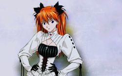 Rule 34 | 00s, artbook, blue eyes, corset, cross, earrings, evangelion: 1.0 you are (not) alone, fukano youichi, gloves, goth fashion, gothic lolita, hands on own hips, highres, jewelry, lolita fashion, long hair, necklace, neon genesis evangelion, orange hair, rebuild of evangelion, solo, souryuu asuka langley, twintails, two side up, wallpaper