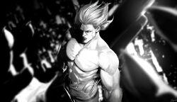Rule 34 | 1boy, absurdres, ammenite, blurry, blurry background, choujin x, collarbone, floating hair, greyscale, highres, hoshi sandek (choujin x), looking at viewer, monochrome, muscular, muscular male, short hair, solo, torn clothes