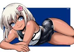 Rule 34 | 1girl, absurdres, artist name, black neckwear, black sailor collar, black one-piece swimsuit, blonde hair, blue eyes, cowboy shot, crop top, flower, haho, hair flower, hair ornament, highres, kantai collection, looking at viewer, lying, on side, one-piece swimsuit, one-piece tan, ro-500 (kancolle), sailor collar, school swimsuit, smile, solo, swimsuit, swimsuit under clothes, tan, tanline