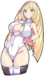 Rule 34 | 1girl, adapted costume, alternate breast size, aqua eyes, bare arms, bare shoulders, breasts, center opening, covered navel, creatures (company), enpe, game freak, groin, hand on own hip, highleg, highleg swimsuit, highres, large breasts, long hair, looking at viewer, lusamine (pokemon), mature female, nintendo, one-piece swimsuit, pokemon, pokemon sm, simple background, smile, solo, swimsuit, thigh gap, thighhighs, very long hair, white background, white one-piece swimsuit