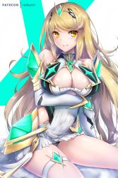 Rule 34 | 1girl, arm under breasts, armor, armored dress, armpit crease, bare shoulders, blonde hair, blush, breasts, circlet, cleavage, covered navel, dress, earrings, gem, gloves, green gemstone, highres, jewelry, large breasts, long hair, looking at viewer, mythra (xenoblade), nintendo, patreon username, rei kun, shiny skin, sidelocks, sitting, smile, solo, swept bangs, thighs, tiara, xenoblade chronicles (series), xenoblade chronicles 2, yellow eyes