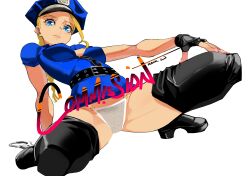Rule 34 | 1girl, blonde hair, blue eyes, braid, breasts, cammy white, capcom, commission, gloves, hat, highres, legs, panties, police, police hat, police uniform, single braid, solo, squatting, street fighter, street fighter 6, thighhighs, tngkbmarlon, underwear, uniform, upskirt, white background