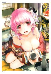 Rule 34 | 1girl, absurdres, animal ears, bare shoulders, bottle, breasts, choko (cup), cleavage, cup, cupping hands, flower, from above, hair flower, hair ornament, highres, hougu souji, indoors, japanese clothes, kimono, large breasts, leaning to the side, looking at viewer, no bra, off shoulder, open mouth, own hands together, pink hair, red eyes, sake bottle, shouji, sitting, sliding doors, socks, solo, tabi, tail, teeth, tiger ears, tiger tail, tokkuri, tongue, tongue out, toranoana, upper teeth only, white socks, yokozuwari