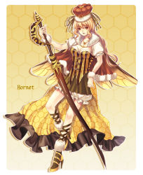 Rule 34 | 1girl, breasts, brown eyes, brown skirt, cape, cleavage, crown, full body, fur trim, high heels, honeycomb (pattern), honeycomb background, wasp, insect wings, jewelry, light brown hair, looking at viewer, medium breasts, natsume k, necklace, original, personification, sheath, sheathed, short sleeves, skirt, solo, standing, standing on one leg, striped, sword, vertical stripes, weapon, wings