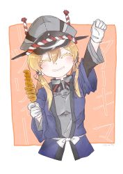 Rule 34 | 1girl, anchor, anchor hair ornament, arm up, blonde hair, blush, breasts, closed eyes, commentary, cropped torso, food, gloves, hachimaki, hair between eyes, hair ornament, hair over shoulder, happi, hat, headband, highres, holding, holding food, holding skewer, japanese clothes, kantai collection, long hair, long sleeves, low twintails, military, military hat, military uniform, nami nami (belphegor-5812), nejiri hachimaki, peaked cap, prinz eugen (kancolle), sash, short sleeves, skewer, smile, solo, translated, twintails, twitter username, uniform, white background, white gloves, white sash