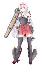 Rule 34 | 10s, 1girl, absurdres, boots, centon (736023681), hairband, hand on own hip, highres, japanese clothes, kantai collection, long hair, muneate, personification, pleated skirt, shoukaku (kancolle), silver hair, skirt, smile, solo, thigh boots, thighhighs