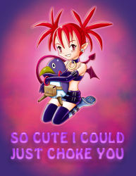 Rule 34 | 00s, 1girl, :d, bare shoulders, bat wings, belt, bird, black gloves, boots, bracelet, collar, demon, demon girl, disgaea, earrings, elbow gloves, english text, etna (disgaea), female focus, full body, gloves, gradient background, grin, hug, jewelry, looking at viewer, makai senki disgaea, miniskirt, necklace, open mouth, penguin, pink background, pointy ears, prinny, red eyes, red hair, short shorts, shorts, simple background, skirt, smile, solo, tail, teeth, thighhighs, twintails, wings