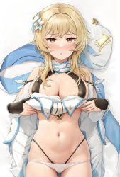 Rule 34 | 1girl, akita hika, alternate breast size, bare shoulders, black panties, blonde hair, blush, breasts, cleavage, clothes lift, dakimakura (medium), detached sleeves, dress, dress lift, feather hair ornament, feathers, flower, genshin impact, hair flower, hair ornament, highleg, highleg panties, highres, large breasts, layered panties, lifted by self, looking at viewer, lumine (genshin impact), medium hair, navel, open mouth, panties, panties under panties, scarf, sidelocks, skindentation, solo, stomach, thighs, underwear, white dress, white panties, white scarf, yellow eyes