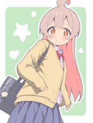 Rule 34 | 1girl, ahoge, bag, blue sky, border, bow, bowtie, closed mouth, colored inner hair, commentary, frown, genderswap, genderswap (mtf), green background, grey hair, hand in pocket, heart, highres, jacket, light blush, long hair, long sleeves, looking at viewer, multicolored hair, onii-chan wa oshimai!, outline, outside border, oyama mahiro, pink hair, pleated skirt, red bow, red bowtie, school bag, shirt, shoulder bag, simple background, skirt, sky, solo, star (symbol), two-tone hair, unkimo, white border, white outline, white shirt, wing collar, yellow jacket