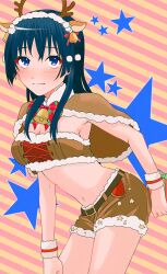 Rule 34 | 1girl, alternate costume, animal costume, animal ears, antlers, arm at side, arm behind back, ass, bare legs, bell, belt, black hair, blue eyes, box, bra, brown capelet, brown shorts, capelet, christmas, closed mouth, contrapposto, cowboy shot, cross-laced clothes, cross-laced top, deer ears, eyeshadow, fake animal ears, fur-trimmed bra, fur-trimmed capelet, fur-trimmed shorts, fur cuffs, fur trim, gacha, gift, gift box, hair bell, hair ornament, highres, holding, holding gift, horns, leaning to the side, long hair, makeup, navel, neck bell, official alternate costume, red eyeshadow, reindeer antlers, reindeer costume, revealing clothes, saten ruiko, short shorts, shorts, sidelocks, smile, solo, stomach, strapless, strapless bra, striped, striped background, toaru kagaku no railgun, toaru majutsu no index, underwear, yunn