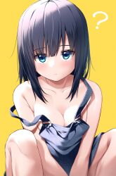 Rule 34 | 1girl, ?, absurdres, black hair, black overalls, blue eyes, blush, breasts, cleavage, closed mouth, collarbone, commentary request, hair between eyes, highres, kiona (giraffe kiona), long hair, looking at viewer, medium breasts, naked overalls, original, overalls, simple background, sitting, solo, yellow background