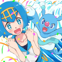 Rule 34 | + +, 1girl, betuni, blue eyes, blue hair, blue sailor collar, blush, brionne, clenched hands, collarbone, commentary request, creatures (company), freckles, game freak, gen 7 pokemon, gold hairband, hairband, hands up, happy, lana (pokemon), nintendo, one-piece swimsuit, open mouth, pokemon, pokemon (anime), pokemon (creature), pokemon sm (anime), sailor collar, shirt, short hair, sleeveless, smile, swimsuit, swimsuit under clothes, tongue