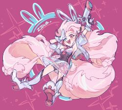 Rule 34 | 1girl, absurdly long hair, alternate costume, arm up, armpits, artist name, full body, gloves, green eyes, gun, heterochromia, highres, holding, holding gun, holding weapon, league of legends, long hair, looking at viewer, pink eyes, pink hair, simple background, smile, solo, teeth, very long hair, weapon, white gloves, zoe (league of legends), ztdlb