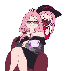 Rule 34 | 2girls, :d, animal ear fluff, animalization, armchair, bare shoulders, black headwear, breasts, chair, cleavage, dress, female focus, glasses, gloves, hat, highres, hololive, hololive english, holykoshi, long hair, looking at viewer, mamamori, mature female, mori calliope, mother and daughter, multiple girls, nekomata okayu, nekomata okayu (cat), open mouth, pink hair, smile, sweater, thumbs up, virtual youtuber, white background