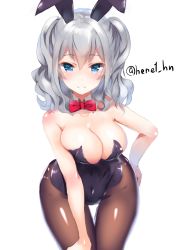 Rule 34 | 10s, 1girl, alternate costume, animal ears, black leotard, blue eyes, blush, bow, bowtie, breasts, brown pantyhose, cleavage, closed mouth, covered navel, cowboy shot, detached collar, fake animal ears, female focus, henet hene, kantai collection, kashima (kancolle), large breasts, leaning, leaning forward, leotard, looking at viewer, pantyhose, playboy bunny, rabbit ears, red bow, red bowtie, sidelocks, silver hair, simple background, smile, solo, strapless, strapless leotard, twintails, twitter username, wavy hair, white background, wrist cuffs