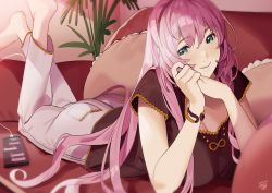 Rule 34 | 1girl, barefoot, blue eyes, bracelet, breasts, cellphone, charging device, couch, hairband, jewelry, large breasts, long hair, looking at viewer, lying, megurine luka, momonosa oekaki, on couch, on stomach, pants, phone, pink hair, shirt, smile, solo, t-shirt, vocaloid, wire