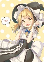 Rule 34 | 1girl, black dress, black hat, blonde hair, blush, bow, braid, dress, frills, hair bow, hands on headwear, hat, hat bow, highres, kirisame marisa, ksk (semicha keisuke), long hair, looking at viewer, one-hour drawing challenge, open mouth, puffy short sleeves, puffy sleeves, short sleeves, solo, spoken blush, touhou, wavy mouth, white bow, witch hat, yellow background, yellow eyes