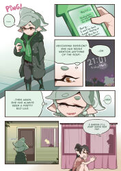 Rule 34 | + +, ..., 2girls, april fools, arrow (symbol), black coat, black footwear, black hair, black pants, boots, brown eyes, callie (splatoon), casual, cellphone, closed eyes, coat, combat boots, commentary, cousins, covering own mouth, curtains, door, earrings, english commentary, english text, fangs, folded ponytail, gomipomi, grey hair, grey shirt, hand in pocket, highres, holding, holding phone, hood, hood down, hooded coat, house, inkling, jewelry, light frown, marie (splatoon), multiple girls, nintendo, open clothes, open coat, open mouth, pants, phone, pointy ears, shirt, short sleeves, silhouette, sitting, smartphone, smile, splatoon (series), spoken ellipsis, standing, swept bangs, t-shirt, tentacle hair