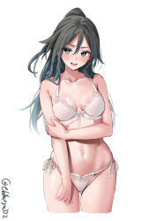 Rule 34 | 1girl, black hair, blue eyes, blush, bra, breasts, collarbone, cowboy shot, cropped legs, ebifurya, hair between eyes, highres, kantai collection, katsuragi (kancolle), long hair, looking at viewer, navel, one-hour drawing challenge, open mouth, panties, ponytail, simple background, small breasts, solo, twitter username, underwear, underwear only, white background, white bra, white panties