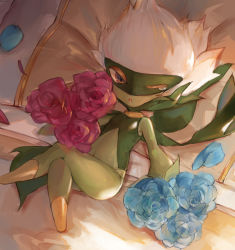 Rule 34 | 1girl, ;o, bed, blanket, blue flower, blue rose, brown eyes, commentary request, creatures (company), crossed legs, flower, from above, full body, game freak, gen 4 pokemon, highres, looking at viewer, lying, navel, nintendo, on back, one eye closed, parted bangs, petals, pillow, pink flower, pink rose, pokemon, pokemon (creature), pokemon dppt, rose, rose petals, roserade, ryuuji teitoku, solo, tears, white hair