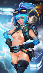 Rule 34 | 1girl, backpack, bag, blue eyes, blue hair, boots, breasts, collar, female focus, female pubic hair, gloves, goggles, internet explorer, matching hair/eyes, navel, nipples, personification, ponytail, pubic hair, reverse outfit, sakimichan, small breasts, solo, standing, thigh boots, thighhighs