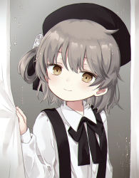 Rule 34 | 1girl, beret, black bow, black hat, black ribbon, blush, bow, brown eyes, brown hair, closed mouth, collared shirt, commentary request, curtain grab, curtains, fingernails, flower, hair between eyes, hair flower, hair ornament, hair rings, hand up, hat, hatoba tsugu, head tilt, long sleeves, looking at viewer, mole, mole under eye, purin jiisan, ribbon, rose, shirt, smile, solo, suspenders, virtual youtuber, water drop, white flower, white rose, white shirt