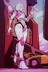 Rule 34 | 1girl, arcee, autobot, backpack, bag, blue eyes, curvy, full body, humanoid robot, makoto ono, mechanical parts, robot, solo, thighs, transformers, transformers: generation 1