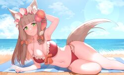 Rule 34 | 1girl, :3, absurdres, animal ears, arm behind head, arm up, armpits, bare arms, bare legs, bare shoulders, beach, bikini, breasts, brown hair, cleavage, closed mouth, commission, day, flower, fox ears, fox tail, frilled bikini, frills, front-tie bikini top, front-tie top, green eyes, hair flower, hair ornament, hair ribbon, halterneck, headdress, highres, horizon, kkam-sang, large breasts, long hair, looking at viewer, lying, maho (princess connect!), navel, ocean, on side, outdoors, princess connect!, red bikini, ribbon, side-tie bikini bottom, smile, solo, stomach, strap gap, string bikini, sunlight, swimsuit, tail, tail raised, thighs, v