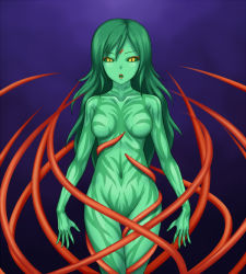 Rule 34 | 1990s (style), 1girl, breasts, cloud of darkness, collarbone, colored sclera, colored skin, evil, final fantasy, final fantasy iii, gradient background, green hair, green sclera, green skin, groin, kuroitsuki, lips, long hair, navel, no nipples, no pussy, nude, open mouth, possessed, possession, refia, retro artstyle, slit pupils, tentacles, transformation, yellow eyes