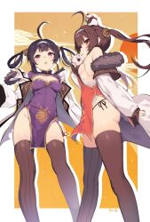 Rule 34 | 2girls, ahoge, animal, animal on head, azur lane, baozi, bare shoulders, black hair, breasts, brown hair, brown thighhighs, china dress, chinese clothes, cleavage, dress, food, fur-trimmed jacket, fur trim, hair ribbon, hairband, highres, holding, holding food, jacket, large breasts, long hair, looking at viewer, multiple girls, ning hai (azur lane), on head, open clothes, open jacket, open mouth, panda, panties, pelvic curtain, ping hai (azur lane), purple dress, red dress, red eyes, ribbon, side-tie panties, sideboob, signature, small breasts, thighhighs, underwear, white jacket, you guo chaocai