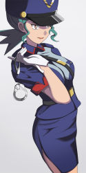 Rule 34 | 1girl, badge, belt, brown eyes, creatures (company), cuffs, game freak, gloves, green hair, handcuffs, hat, highres, jenny (pokemon), lipstick, makeup, nintendo, pokemon, pokemon (anime), pokemon (classic anime), police, police hat, police uniform, policewoman, simple background, smile, solo, uniform, vivivoovoo
