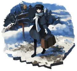 Rule 34 | 1girl, bag, black coat, black footwear, black hair, black pantyhose, blue eyes, breath, brown bag, closed mouth, coat, cold, day, direction board, dust girl, full body, hand on own chest, hand up, holding, holding bag, landscape, legs apart, mountain, original, outdoors, pantyhose, parted lips, pine tree, scarf, shadow, short hair, snow, snowing, solo, standing, transparent background, tree, walking, white scarf