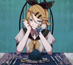 Rule 34 | 1girl, argyle, argyle background, argyle clothes, blonde hair, blood, blue blood, blue eyes, bow, colored blood, crypton future media, eiku, eyes visible through hair, food, hair ornament, hair ribbon, hairclip, head on hand, kagamine rin, knife, looking at viewer, neckerchief, paint, paint splatter, piapro, plate, puffy short sleeves, puffy sleeves, ribbon, sailor collar, shirt, short hair, short sleeves, slit pupils, solo, spoon, vocaloid, white shirt, yellow neckerchief