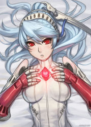 Rule 34 | 1girl, android, atlus, blue hair, headphones, heart, joints, labrys (persona), long hair, looking at viewer, lying, persona, persona 4: the ultimate in mayonaka arena, ponytail, red eyes, robot joints, speh