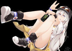 Rule 34 | 1girl, absurdres, azur lane, bare shoulders, baseball cap, black background, black footwear, black hat, black shorts, boots, brown-tinted eyewear, brown jacket, can, closed mouth, clothes around waist, dutch angle, energy drink, enterprise (anniversary ride) (azur lane), enterprise (azur lane), eyewear on headwear, hair between eyes, hand up, hat, highres, holding, holding can, jacket, jacket around waist, kana616, knees up, long hair, looking at viewer, monster energy, pixiv id, purple eyes, shirt, shoe soles, short shorts, short sleeves, shorts, simple background, sitting, smile, solo, star (symbol), sunglasses, tinted eyewear, twitter username, very long hair, white hair, white shirt
