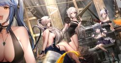 Rule 34 | 5girls, absurdres, azur lane, bare back, bare shoulders, black dress, breasts, cheshire (azur lane), chibi, crossed legs, cup, dress, drinking glass, dunkerque (azur lane), essex (azur lane), essex (craft fairytail) (azur lane), giulio cesare (azur lane), heatia, highres, instrument, jewelry, little cheshire (azur lane), long hair, mainz (azur lane), marco polo (azur lane), medium breasts, multiple girls, necklace, official alternate costume, piano, sideboob, sitting, thighs, very long hair, white hair