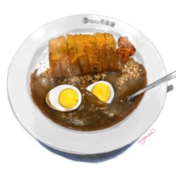 Rule 34 | curry, egg (food), food, food focus, katsu curry, no humans, original, plate, rice, simple background, softboiled egg, spoon, uroyama (macrophage), white background