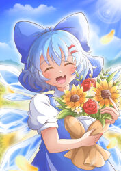 Rule 34 | 1girl, absurdres, blue bow, blue hair, blue sky, bouquet, bow, cirno, cirno day, closed eyes, commentary request, detached wings, facing viewer, fang, flower, hair bow, highres, holding, holding bouquet, ice, ice wings, korean commentary, light particles, open mouth, outdoors, puffy short sleeves, puffy sleeves, qudtjr4682, short hair, short sleeves, skin fang, sky, solo, sunflower, touhou, upper body, wings