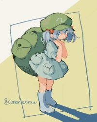 Rule 34 | 1girl, backpack, bag, blue dress, blue eyes, blue footwear, blue hair, boots, canariadraw, closed mouth, dot nose, dress, flat cap, full body, green bag, green hat, hair between eyes, hair bobbles, hair ornament, hands on own neck, hands up, hashtag-only commentary, hat, highres, kawashiro nitori, knee boots, light smile, looking at viewer, puffy short sleeves, puffy sleeves, rubber boots, shadow, short hair, short sleeves, solo, standing, touhou, twitter username, white background, yellow background