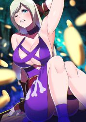 Rule 34 | 1girl, akisu k, arm behind head, armpits, blonde hair, blue eyes, bracelet, breasts, choker, cleavage, dress, fingerless gloves, gloves, jenet behrn, jewelry, large breasts, long hair, purple dress, sitting, snk, solo, the king of fighters, the king of fighters xv, thigh strap